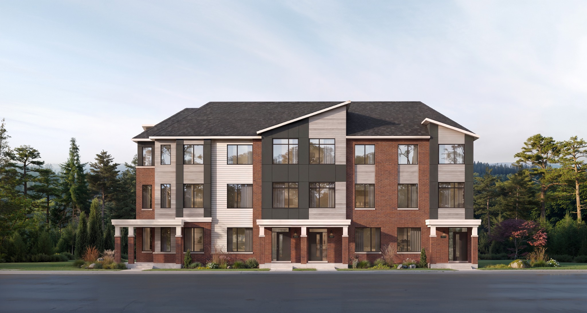 Five Oaks Oakville Advantage townhomes with legal secondary suites, Elevation B exterior rendering by Caivan