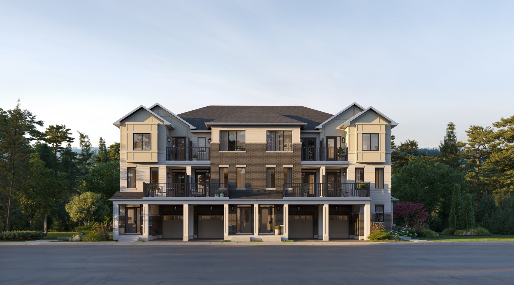 Five Oaks Oakville Ashford back-to-back townhomes, Elevation A exterior rendering by Caivan