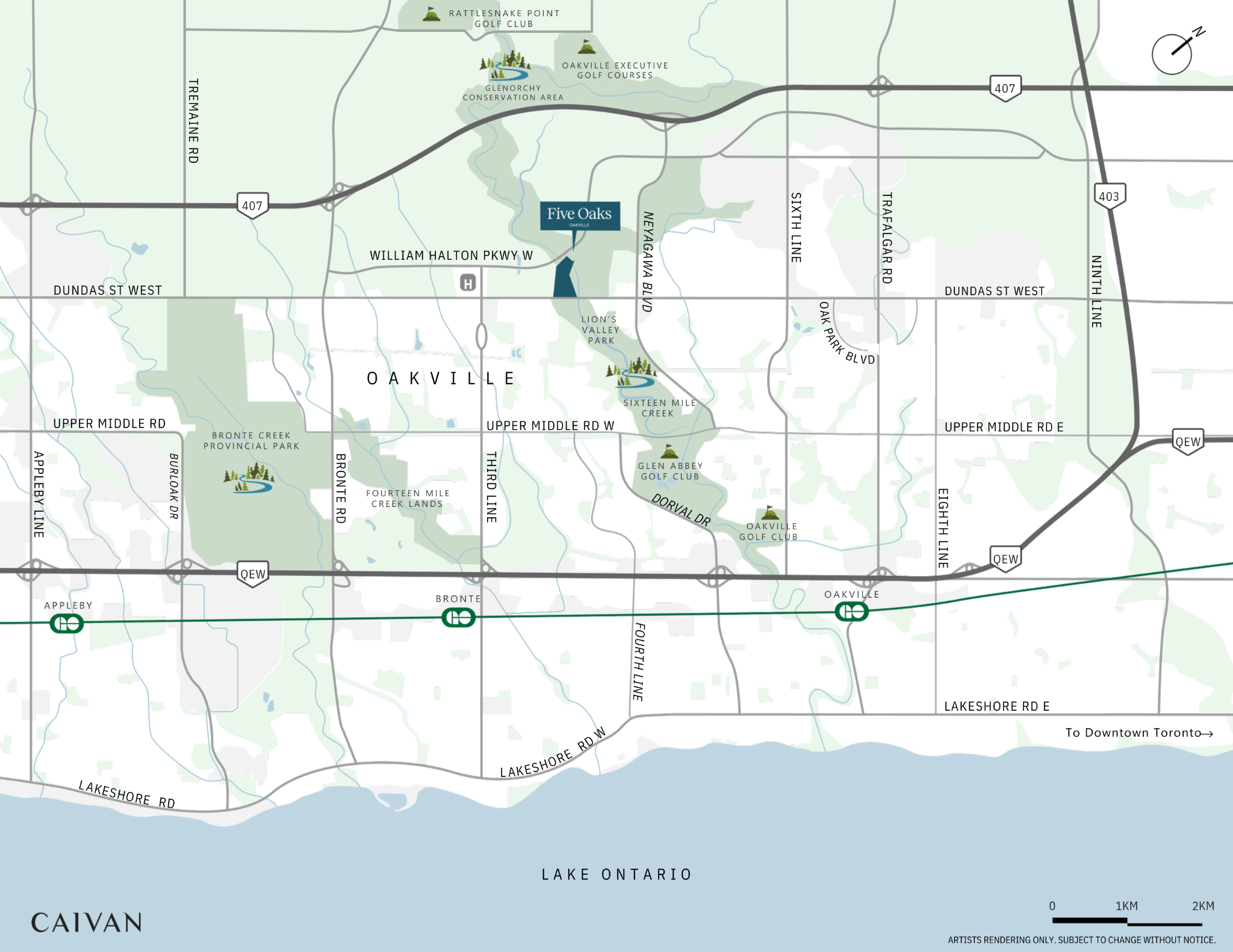 Regional map showing Five Oaks in Oakville near highways 407 and QEW, GO stations and Lake Ontario