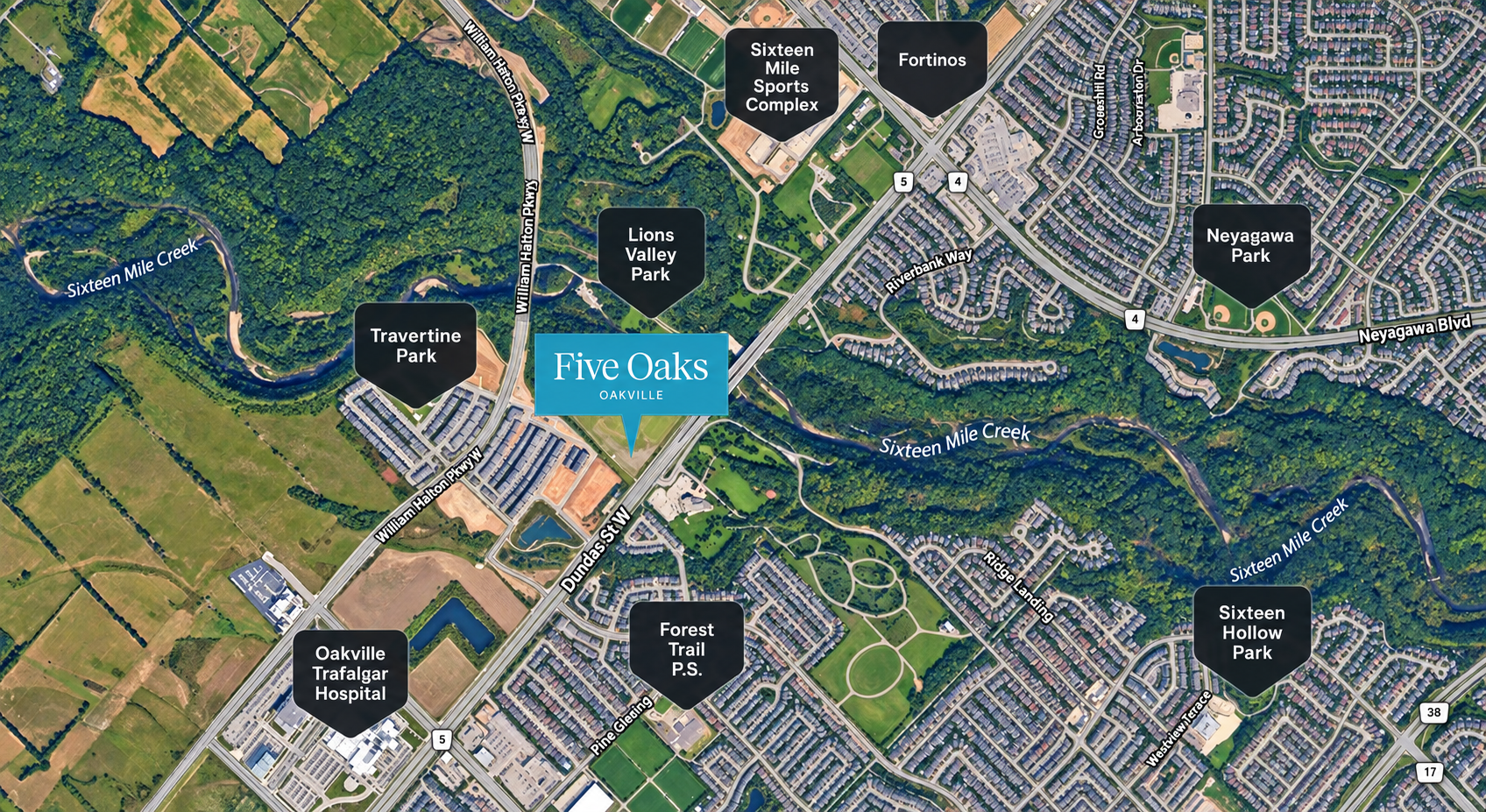 Satellite map showing Five Oaks near Lions Valley Park, Sixteen Mile Creek, Oakville Trafalgar Memorial Hospital and Sixteen Mile Sports Complex